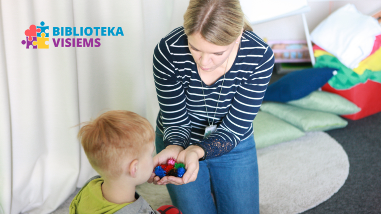 A picture is showing a woman giving her child a toy. A logotype "Library is for everyone" is placed on the upper left corner of the picture.