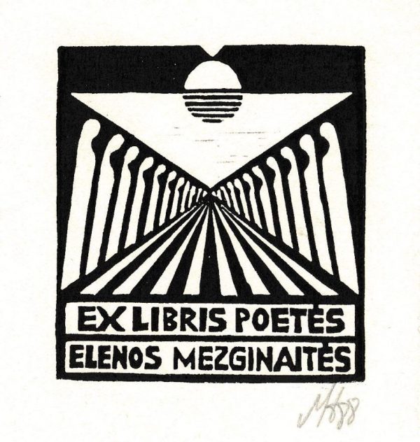 H. Mazūro ekslibrisas Elenai Mezginaitei, 1988 m.