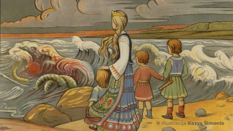 Piešinys, kuriame Eglė su vaikais stovi prie putotos jūros