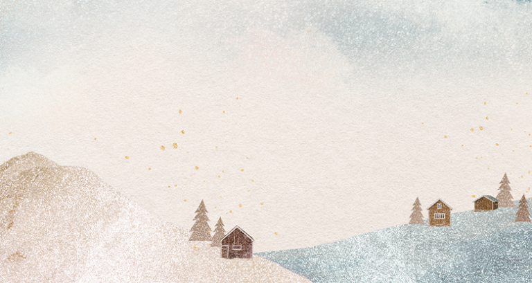 Piešinys, kuriame keli namukai ir eglaitės dideliuose sniego plotuose