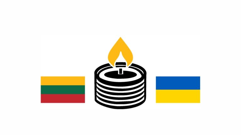 Viduryje piešta žvakė, iš jos šonų Lietuvos ir Ukrainos vėliavos
