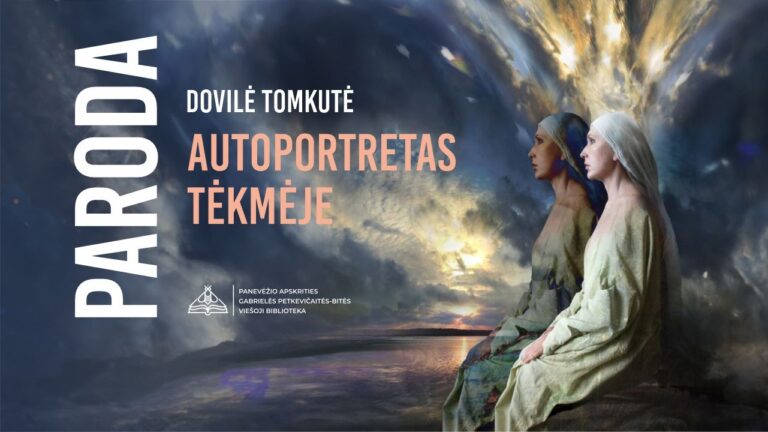 Parodos pavadinimas ir vieno eksponato fragmentas – moteris baltais drabužiais ir gobtuvu sėdi tamsaus dangaus ir debesų fone