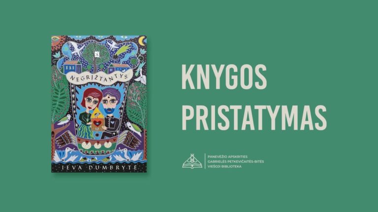 Knygos viršelis žaliame fone ir užrašas knygos pristatymas
