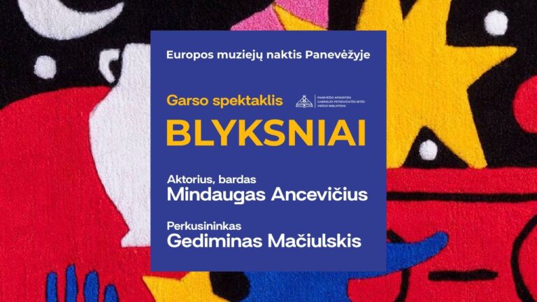 Renginio pavadinimas ant Muziejų nakties itin spalvoto fono