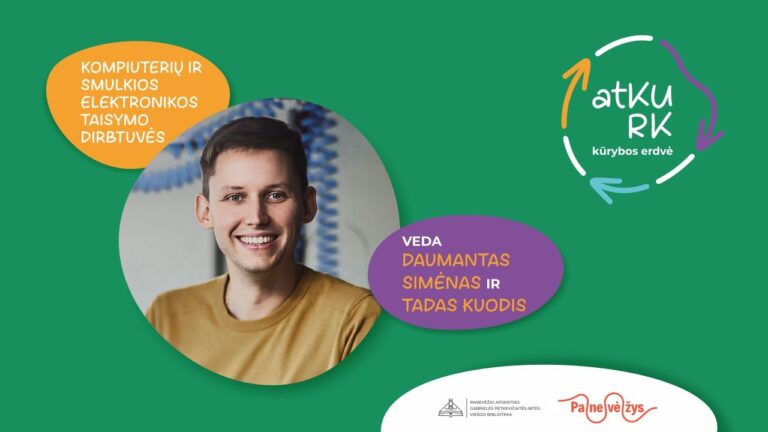 Besišypsantis jaunuolis dirbtuvių vadovas ir renginio pavadinimas
