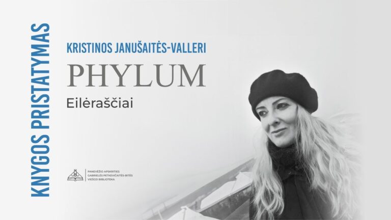 Renginio pavadinimas ir juodai balta moters su berete ir ilgais šviesiais plaukais nuotrauka