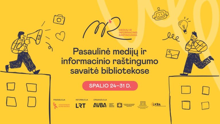 Piešinys su dviem judančiais žmonėmis ant daugiabučių stogų Pasaulinės medijų ir informacinės savaitės vizualinika