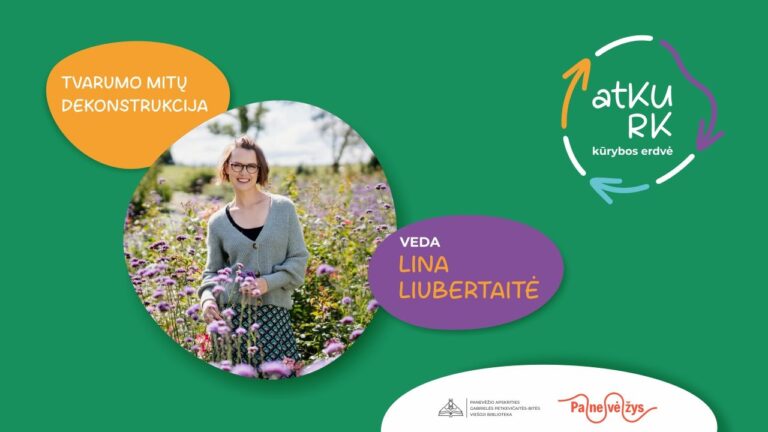 Projekto logotipas, raktiniai žodžiai ir lektorės nuotrauka žaliame fone