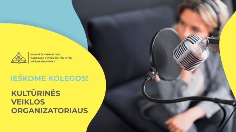 Moters siluetas po mikrofonu ir ieškomos pareigybės užrašas