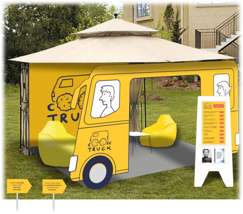 Ryškiai geltonos spalvos lauko stendas, stilizuotas kaip sausainių furgonas, pastatytas kieme po pavėsine. Viduje stovi du geltoni sėdmaišiai ir mažas baltas staliukas. Šalia – meniu stendas su „Cookie Truck“ logotipu ir pasiūlymais.