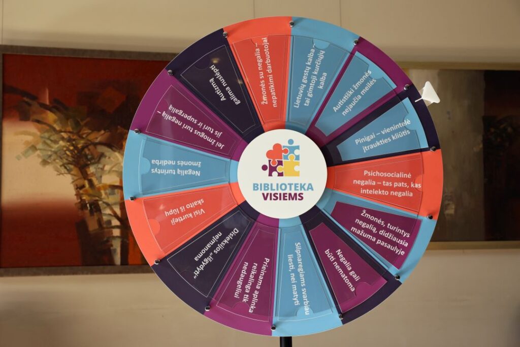 Spalvingas ratas, padalytas į kelis segmentus su skirtingomis užduotimis ir užrašais, centre – logotipas „Biblioteka visiems“