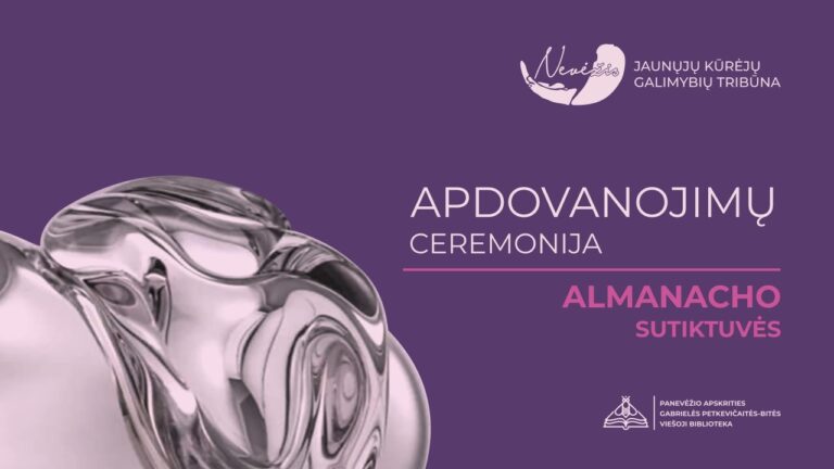 Stiklo skulptūros fragmentas ir projekto pavadinimas violetiniame fone