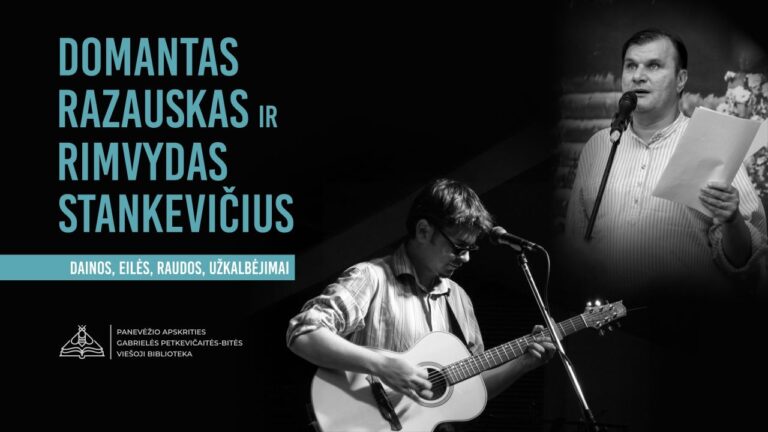 Gitara grojančio Domanto Razausko ir į mikrofoną kalbančio Rimvydo Stankevičiaus nuotraukos juodame fone