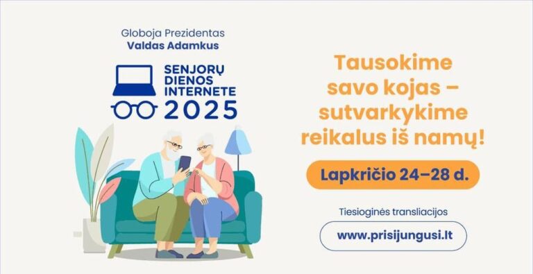 Piešinys, kuriame du senjorai sėdi ant sofos ir žiūri į išmanųjį aparatą