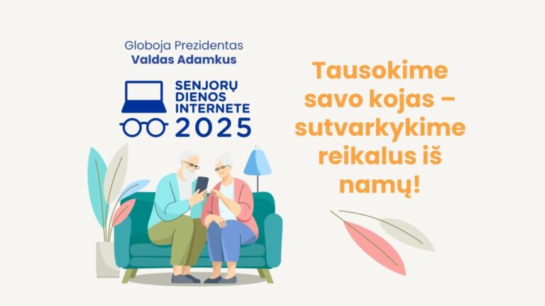 Piešinys, kuriame du senjorai sėdi ant sofos ir žiūri į išmanųjį aparatą