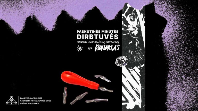 Linoraižinio skirtukas ir įrankiai juodame ir violetiniame fone