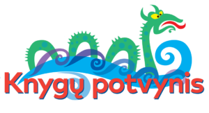 „Knygų potvynio" logotipas su jūros monstro vaizdu, kuriame pavaizduota žalia mitologinė būtybė, besidriekianti per bangas su įsuktais vandenynų spiralais. Po juo matomas tekstas „Knygų potvynis", parašytas ryškiomis raudonomis ir mėlynomis raidėmis.