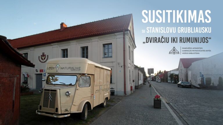 Miesto pastatai, tuščia gatvė ir stovintis baltas ledų autobusiukas