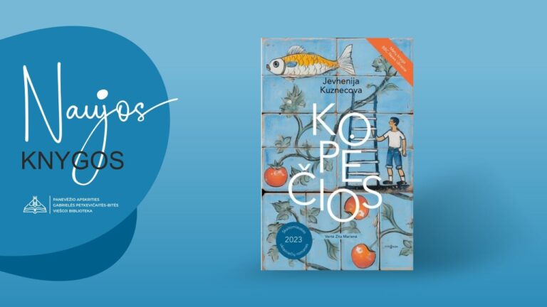 Rekomenduojamos knygos viršelis mėlyname fone