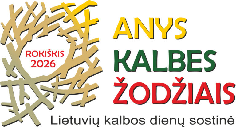 Plakatas su stilizuotu pintu ratu iš šakų, kurio centre užrašas „Rokiškis 2026“. Dešinėje – spalvotas tekstas: „Anys kalbės žodžiais“, apačioje – „Lietuvių kalbos dienų sostinė“.