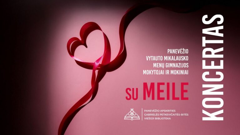 Iš kaspino išdėliota širdis ir renginio pavadinimas rožiniame fone