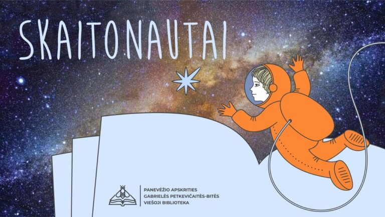 Kosminėje erdvėje sklendžiantis pieštas vaikas kosmonautas virš didelės atverstos pieštos knygos