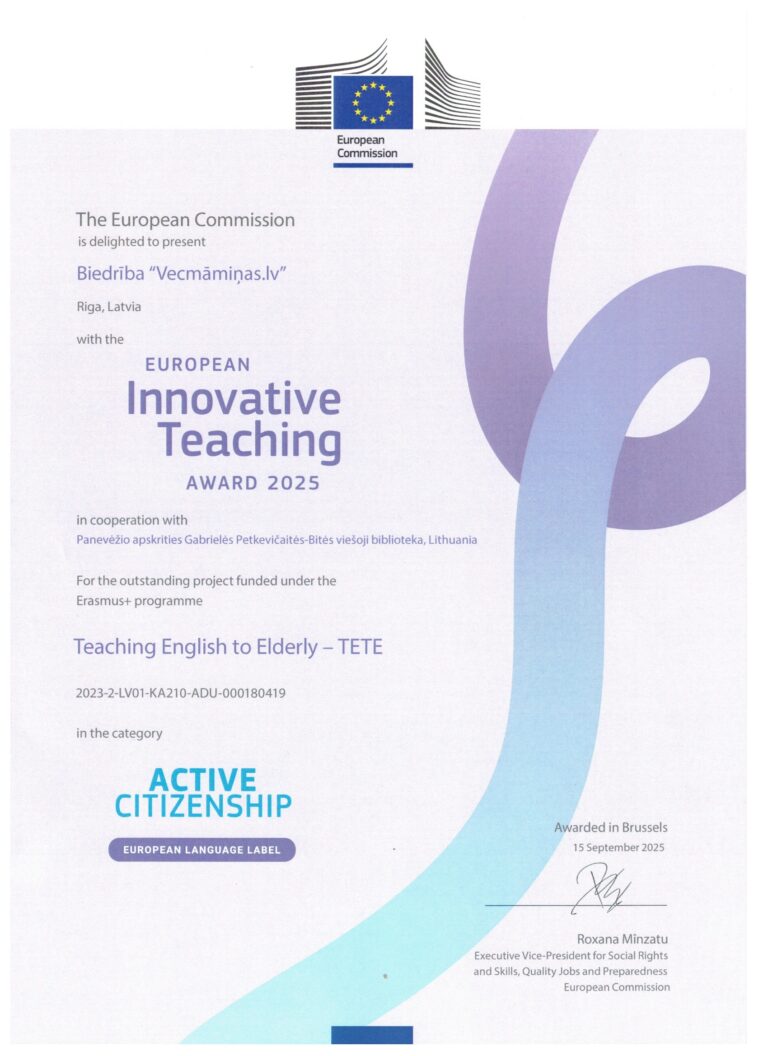 Bibliotekai skirtas inovatyvaus mokymo apdovanojimas už projektą "Teaching English to Elderly" ("Suaugusiųjų anglų kalbos mokymas")