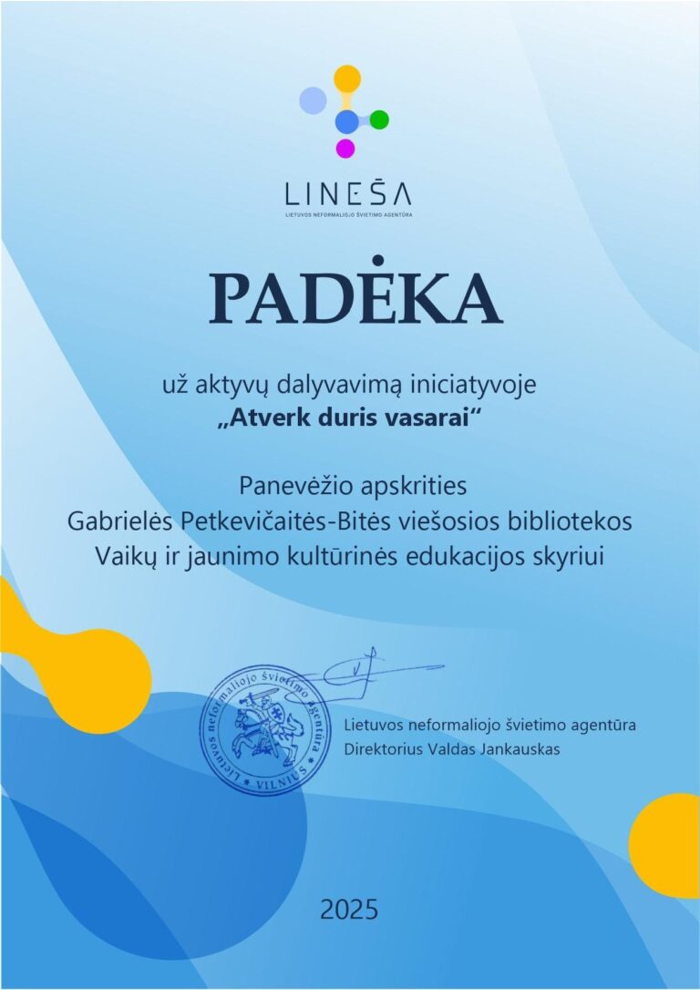 Lietuvos neformaliojo švietimo agentūros padėka bibliotekai už aktyvų dalyvavimą iniciatyvoje „Atverk duris vasarai“