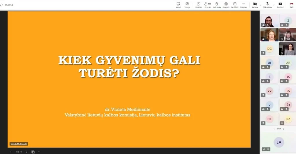 Skaidrė oranžiniame fone su pavadinimu „Kiek gyvenimų gali turėti žodis?“. Apačioje nurodyta: dr. Violeta Meiliūnaitė, Valstybinė lietuvių kalbos komisija, Lietuvių kalbos institutas. Dešinėje – nuotolinio susitikimo dalyvių langai.