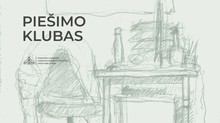 Juodu pieštuku pieštas stalas, įvairūs buities daiktai ant stalo ir kėdė šalia