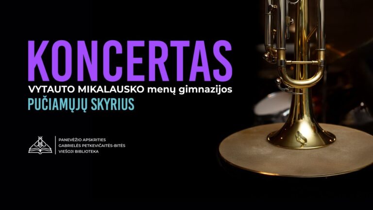 Renginio pavadinimas ir pučiamasis instrumentas tamsiame fone