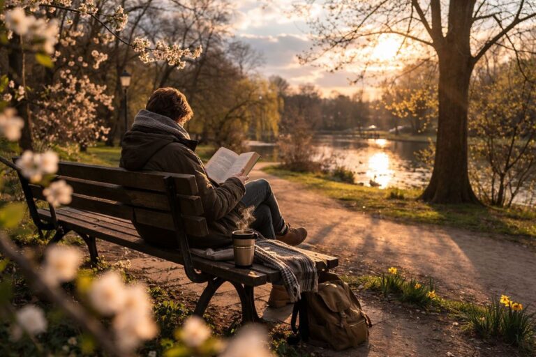 jaunuolis sėdi ant suoliuko ir skaito žydinčių medžių ir saulėto vandens fone gamtoje