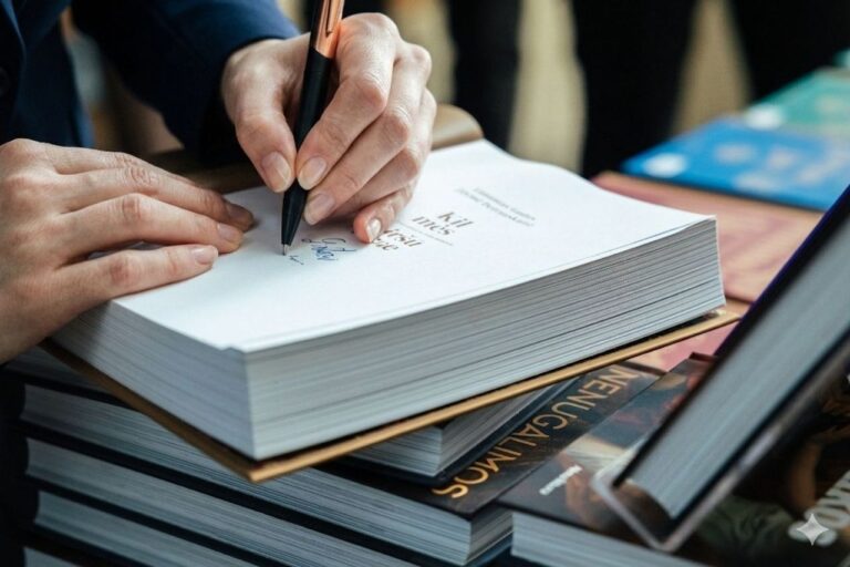 Į atverstą pasirašančios moters rankos ir daugiau knygų fone