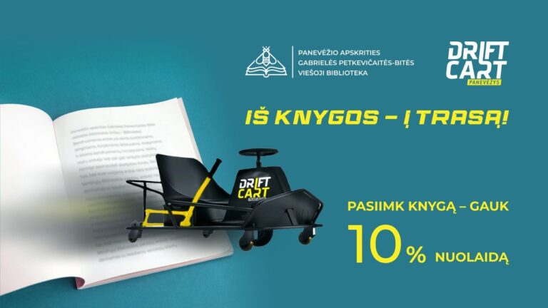 Iš atverstos knygas važiuojantis drifto automobilis ir akcijos apibūdinimas
