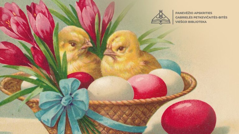 Velykinis atvirukas su kiaušiniais krepšelyje, viščiukais ir gėlėmis