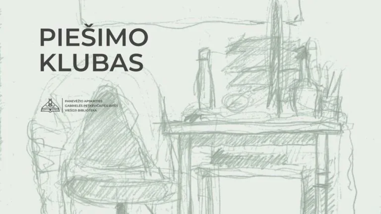 Juodu pieštuku pieštas stalas, įvairūs buities daiktai ant stalo ir kėdė šalia